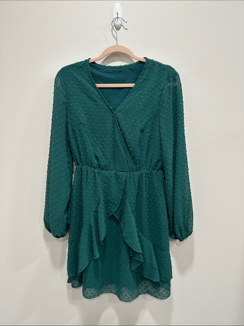Women's Teal Green Long Sleeve Ruffled Wrap Dress